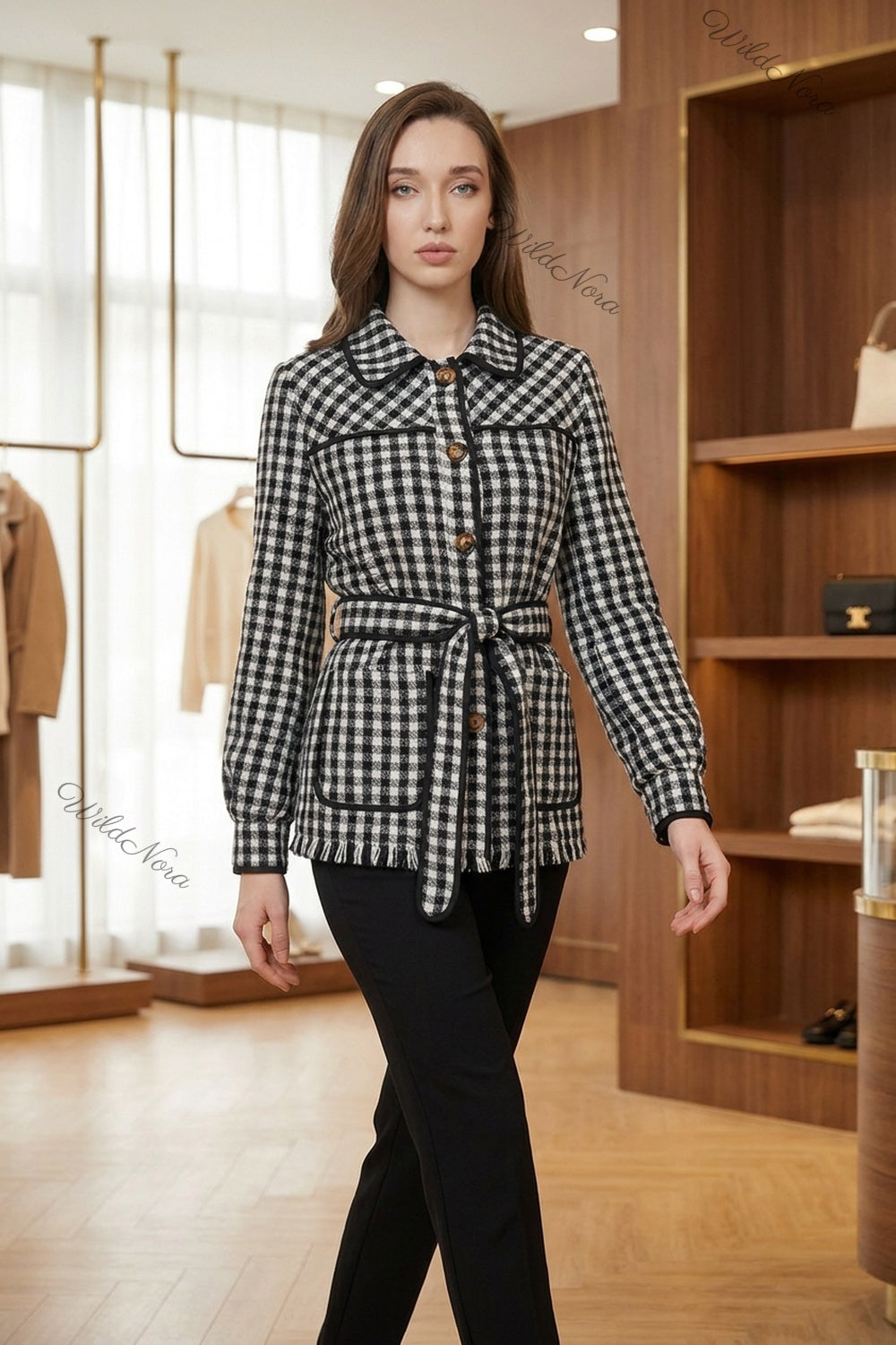 Black & White Gingham Belted Jacket black, white woven wool-blend or flannel belted jacket - product view 8