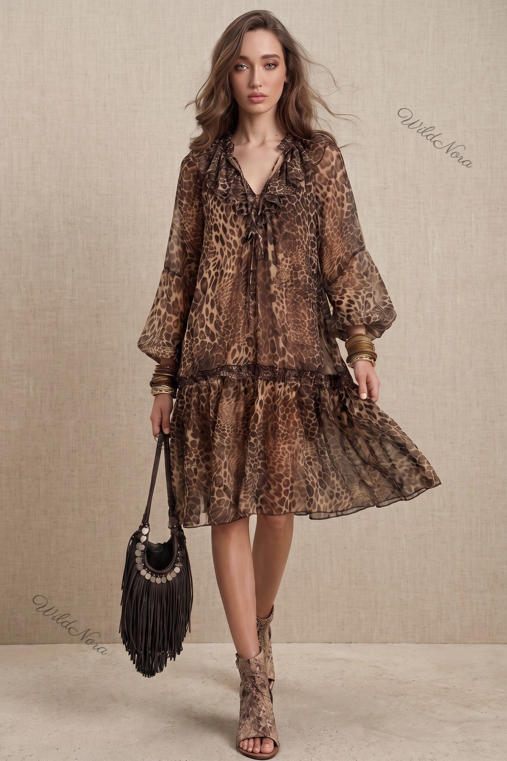 Brown Leopard Print Chiffon A-Line Tiered Dress brown, tan, black chiffon dress - product view 8