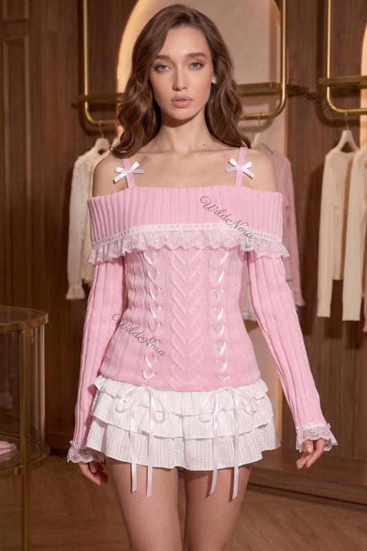 Pastel Pink Ribbed Knit Off-The-Shoulder Top with Corset Lacing pastel pink ribbed knit off-the-shoulder knit top - product view 8