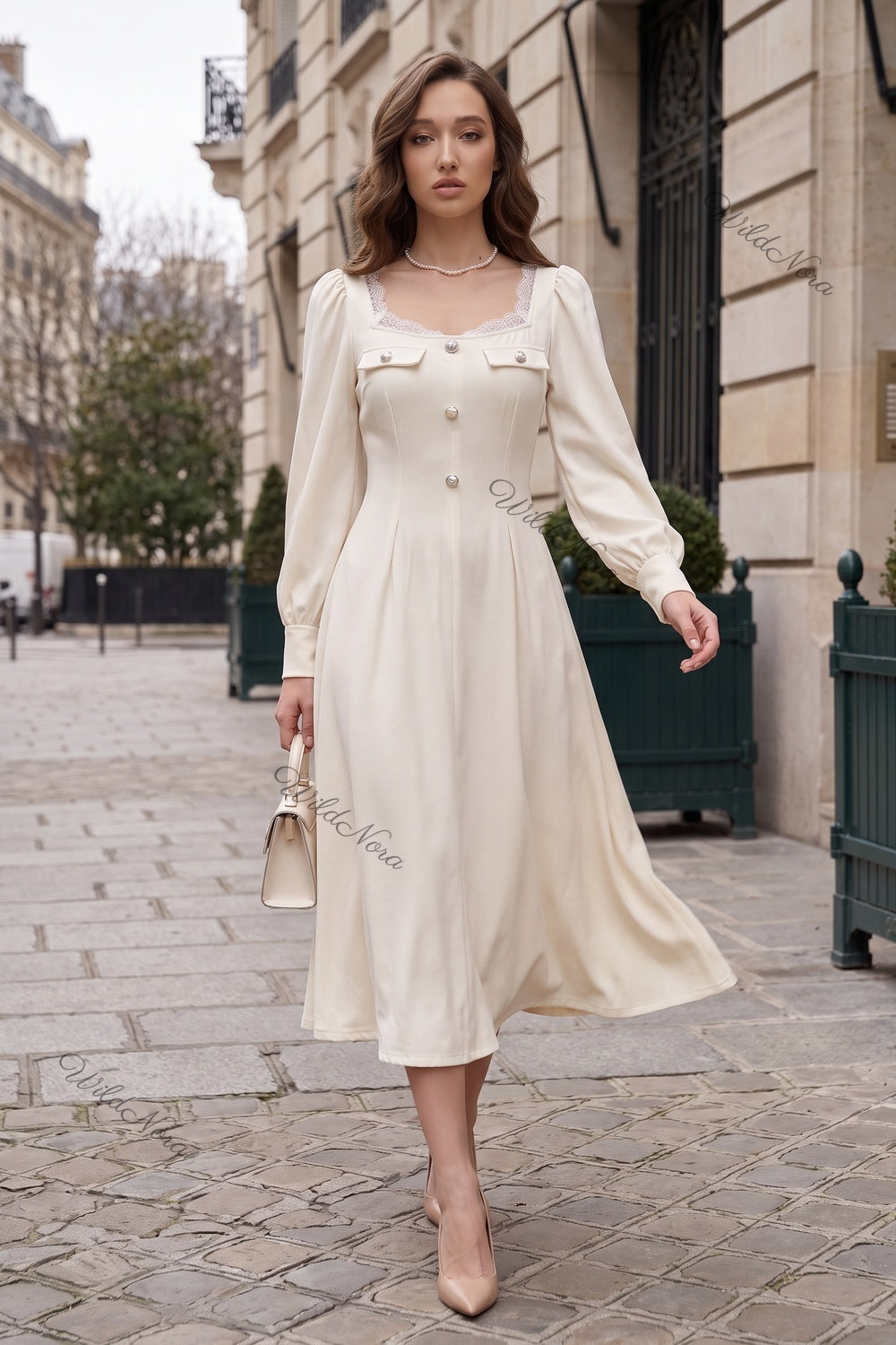 Cream A-Line Midi Dress with Lace Insert and Bishop Sleeves cream mid-weight woven crepe midi dress - product view 7