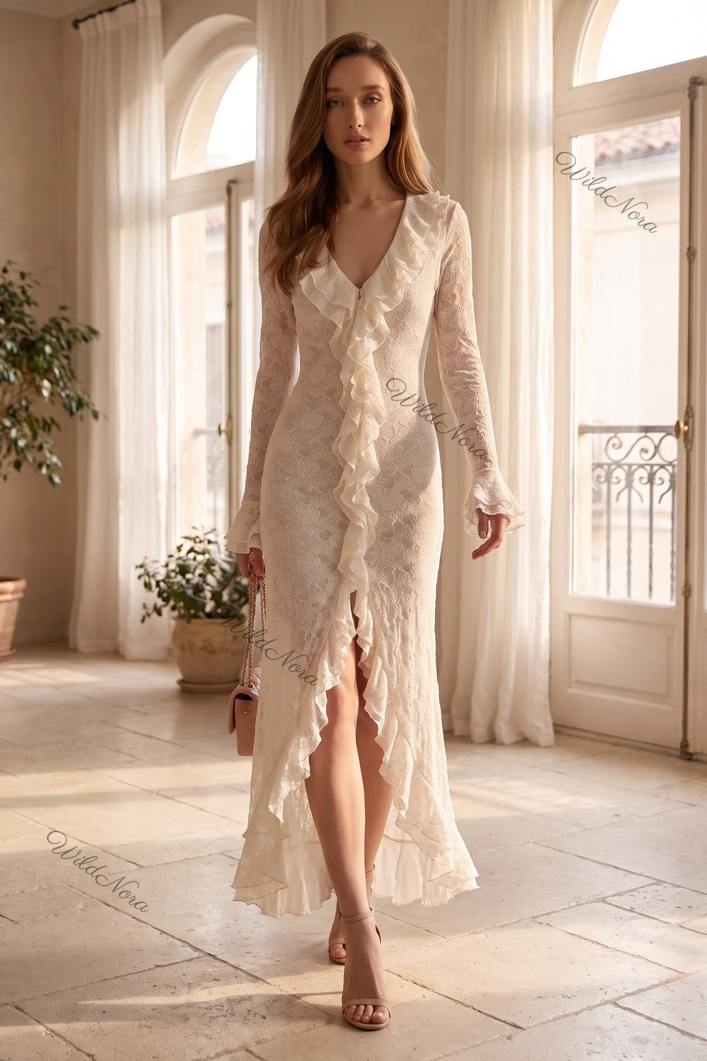 Off-White Semi-Sheer Textured Lace Slim-Fit Column Maxi Dress with Front Slit off-white semi-sheer textured lace maxi dress - product view 8