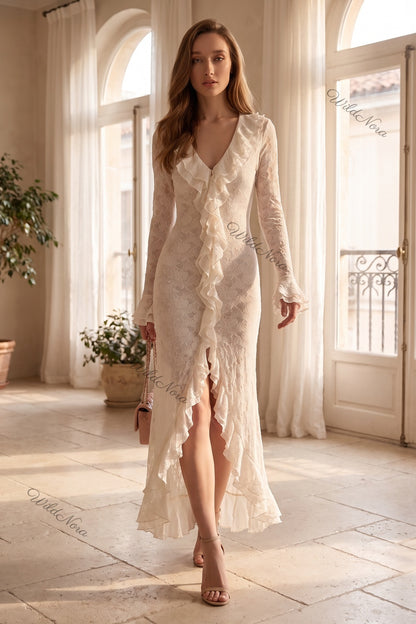 Off-White Semi-Sheer Textured Lace Slim-Fit Column Maxi Dress with Front Slit off-white semi-sheer textured lace maxi dress - product view 8
