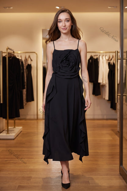 Black Crepe A-Line Midi Dress with Rose Detail black crepe dress - product view 8