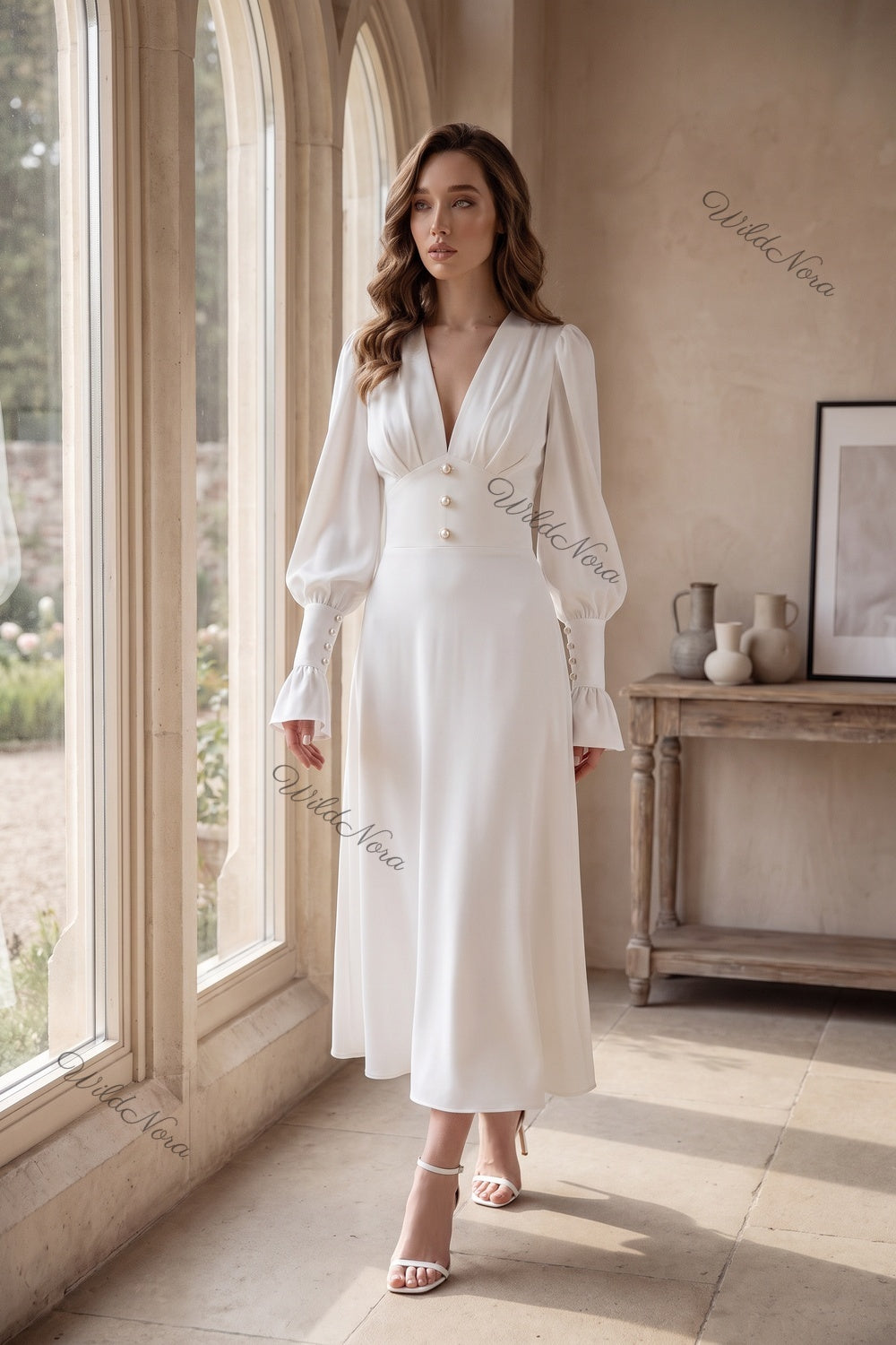 White Crepe A-Line Midi Dress with Pearl Button Details white crepe dress - product view 8