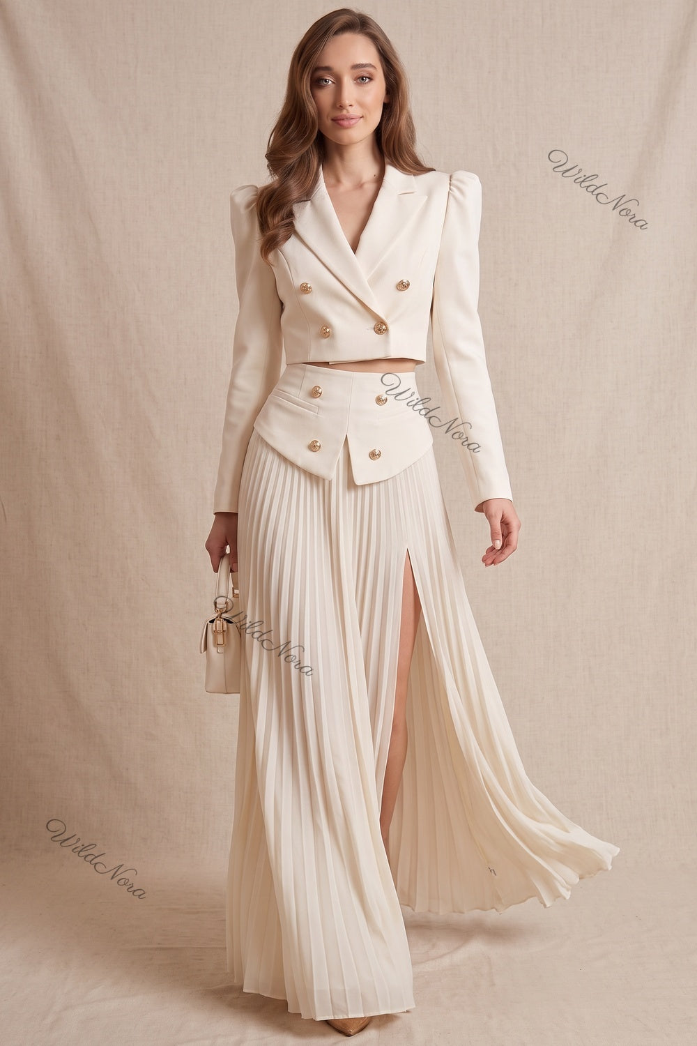 Off-White Two-Piece Set - Structured Cropped Blazer with Pleated Maxi Skirt Off-white, Cream Structured crepe suiting fabric Two-piece set (cropped blazer and maxi skirt) - product view 8