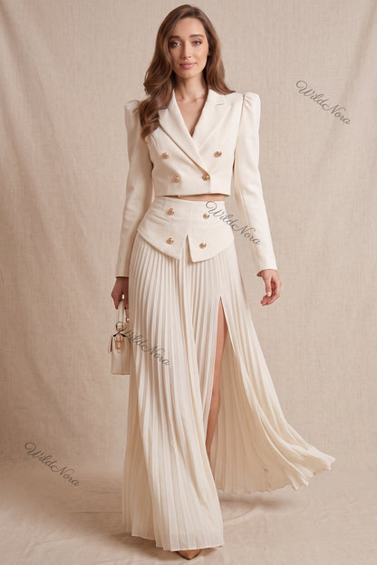 Off-White Two-Piece Set - Structured Cropped Blazer with Pleated Maxi Skirt Off-white, Cream Structured crepe suiting fabric Two-piece set (cropped blazer and maxi skirt) - product view 8