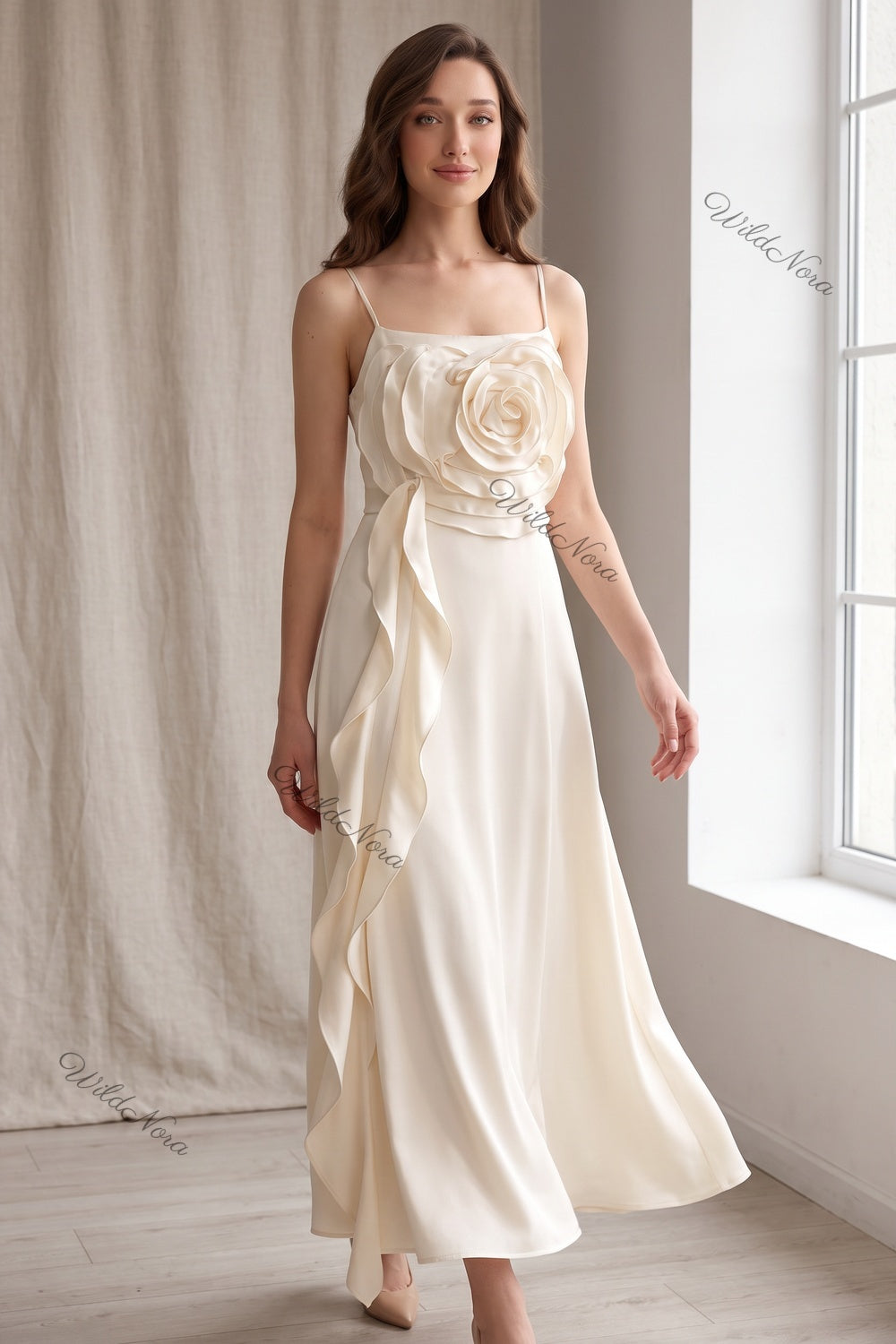 Cream Satin A-Line Slip Dress with 3D Rose Detail cream, off-white satin dress - product view 8