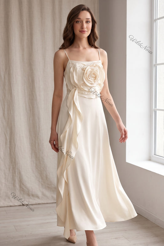Cream Satin A-Line Slip Dress with 3D Rose Detail cream, off-white satin dress - product view 8