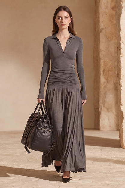 Grey Ruched Maxi Dress with Polo Collar Premium Fabric - product view 2