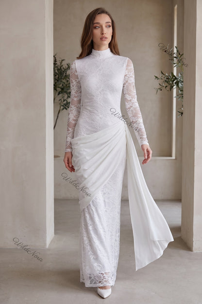 White Floral Lace Column Dress with Asymmetrical Draped Overlay white floral lace dress - product view 8