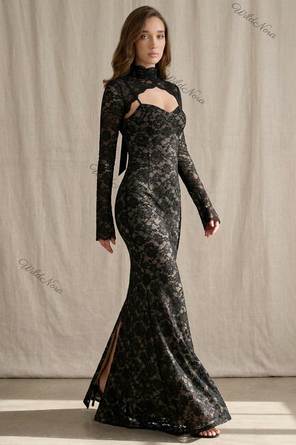 Black Floral Lace Mermaid Two-Piece Dress Set black floral lace two-piece dress set - product view 8