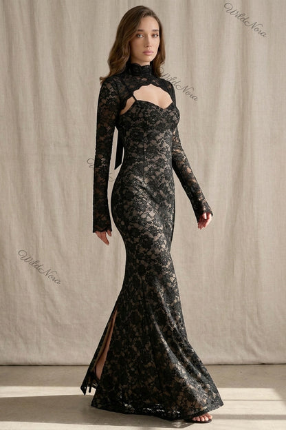 Black Floral Lace Mermaid Two-Piece Dress Set black floral lace two-piece dress set - product view 8