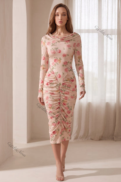 Pale Pink Floral Bodycon Sheath Dress pale pink, beige stretch jersey knit dress - product view 8