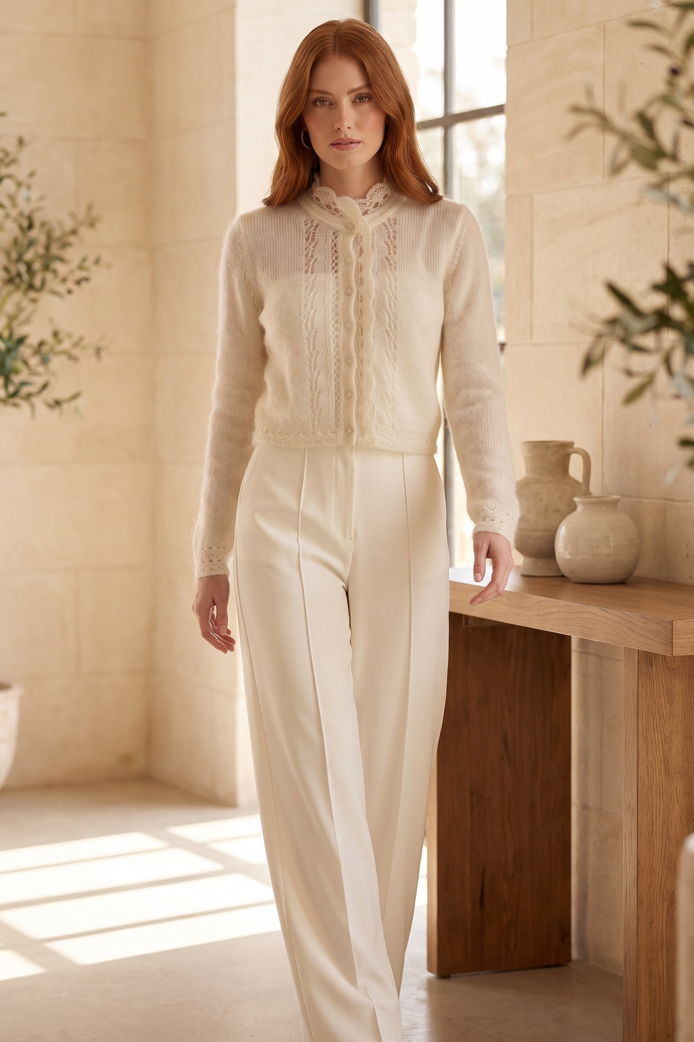 off-white mohair-blend knit cropped cardigan with scalloped lace trim off-white mohair-blend knit cardigan - product view 8