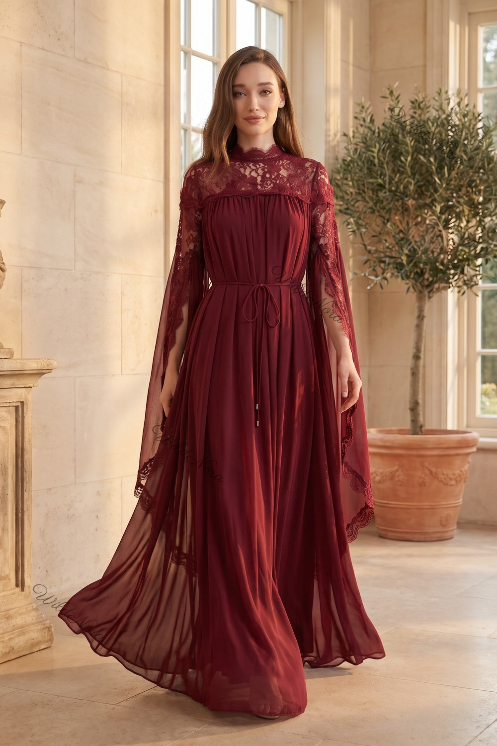 Burgundy Chiffon Cape Sleeve Maxi Dress with Floral Lace Yoke Burgundy Chiffon Maxi dress with cape overlay - product view 8