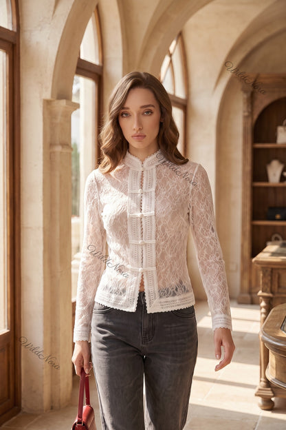 White Sheer Floral Lace Fitted Blouse white sheer floral lace blouse - product view 8