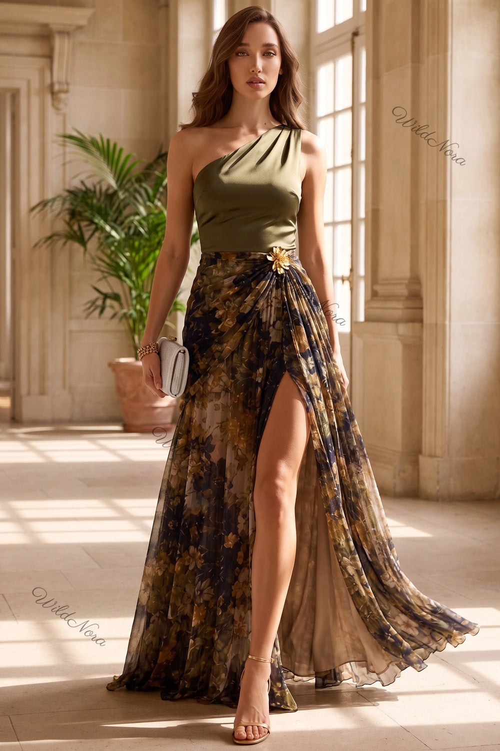 Olive Green Satin Asymmetrical A-Line Evening Gown with High Slit olive green, dark brown, black satin evening gown - product view 6