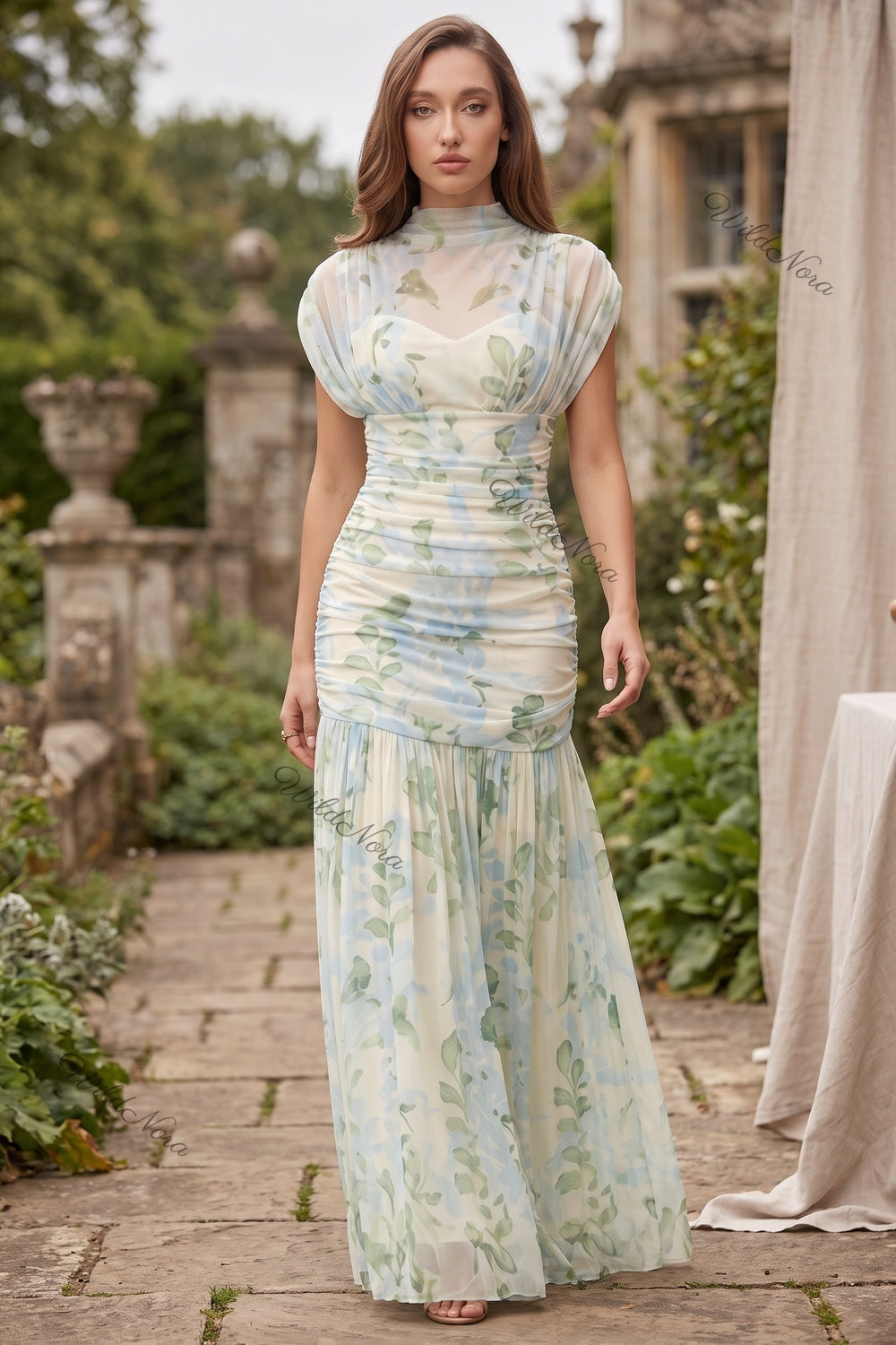 Cream Watercolor Floral Drop-Waist Maxi Dress Cream, Off-white Sheer mesh Maxi dress - product view 8