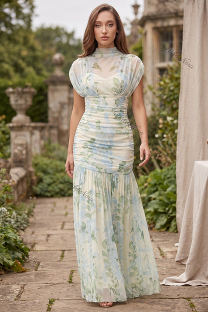 Cream Watercolor Floral Drop-Waist Maxi Dress Cream, Off-white Sheer mesh Maxi dress - product view 8