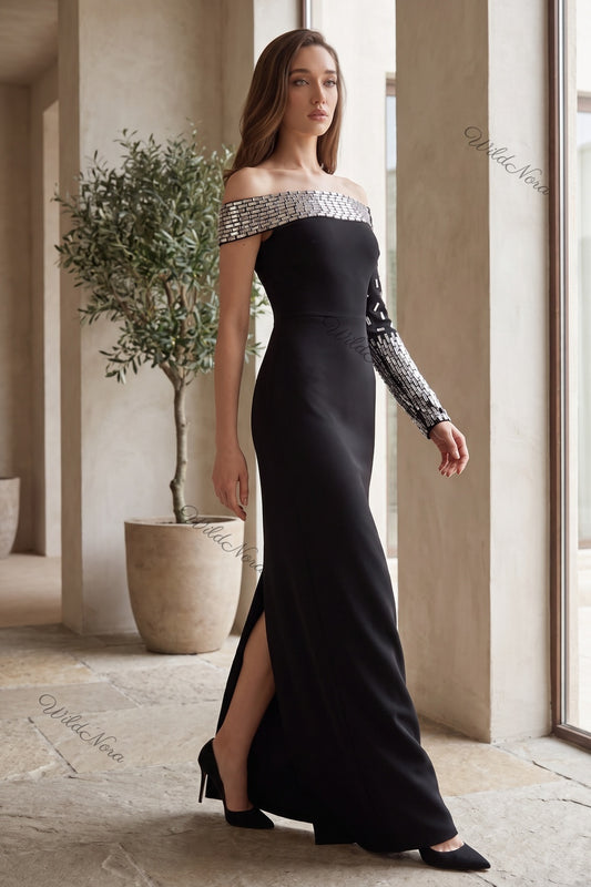 Black Structured Crepe Column Dress with Crystal-Sleeved Asymmetric Detail black structured crepe dress - product view 8