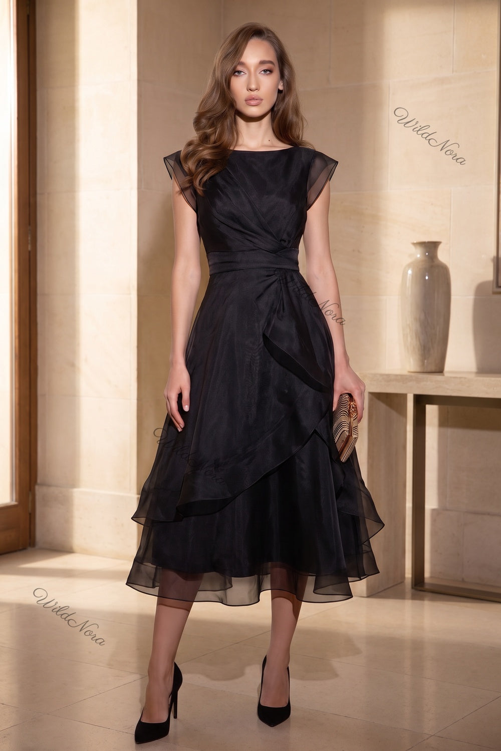 Black Sheer Organza Tiered Fit-and-Flare Midi Dress black sheer organza or chiffon midi dress - product view 8