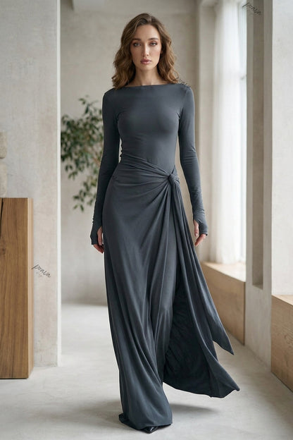 Dark Grey Jersey Knit Dress with Draped Flowing Skirt and Side Knot Detail dark grey jersey knit dress - product view 8