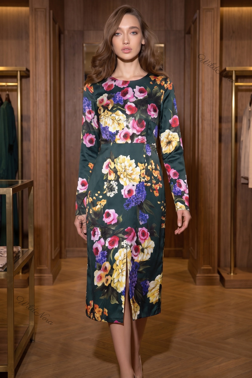 Dark Forest Green Satin Floral A-Line Midi Dress dark forest green satin dress - product view 8