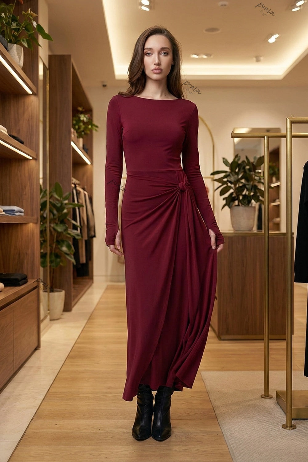 Wine Red Jersey Wrap Maxi Dress with Knot Detail wine red jersey knit dress - product view 8