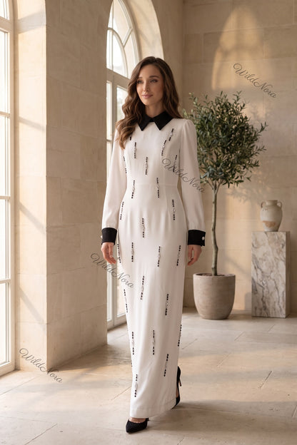 White Crepe A-Line Maxi Dress with Beaded Embellishments white crepe maxi dress - product view 8
