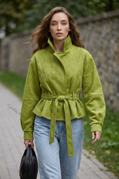 Lime Green Faux Suede Peplum Jacket with Balloon Sleeves lime green faux suede jacket - product view 8