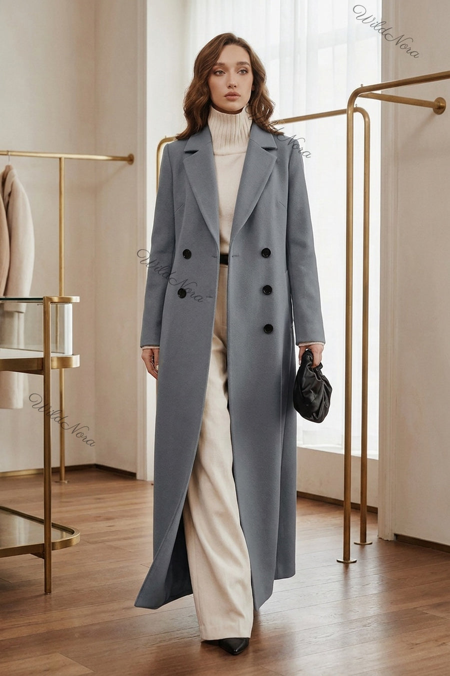 Slate Grey Wool-Blend Straight Columnar Coat