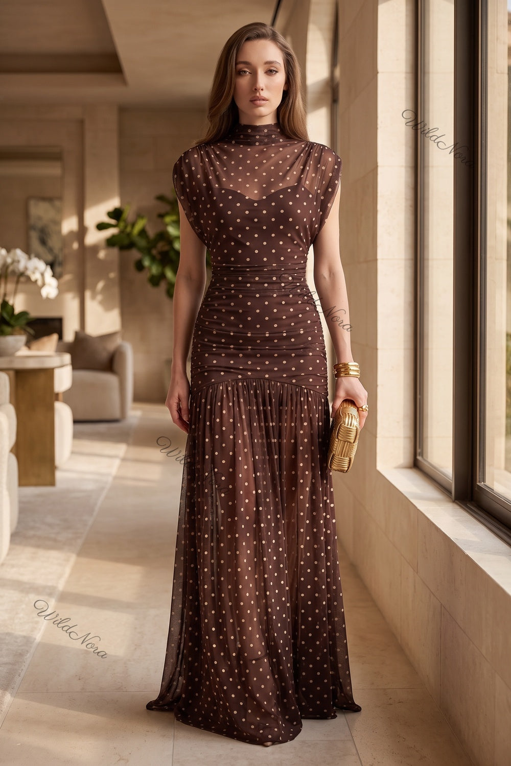 Dark Brown Polka Dot Sheer Mesh Mermaid Dress with Dropped Waist dark brown sheer mesh dress - product view 8