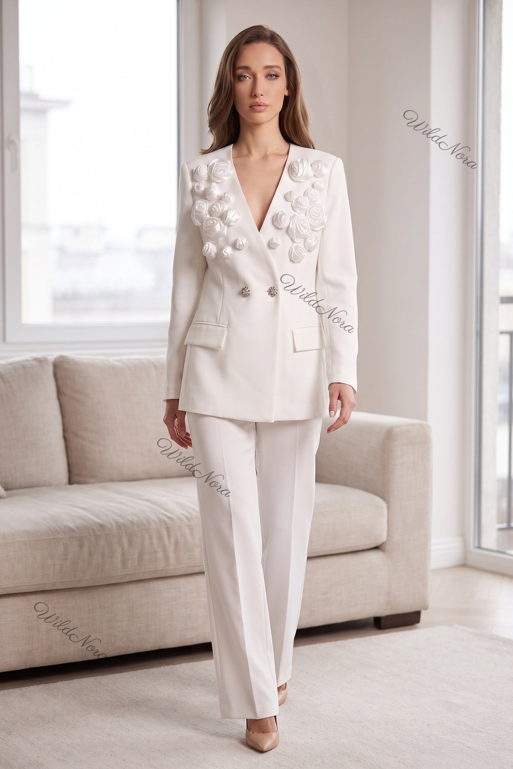 Sculptural Rose Embellished Structured Crepe Blazer in White white structured crepe suiting blazer - product view 8
