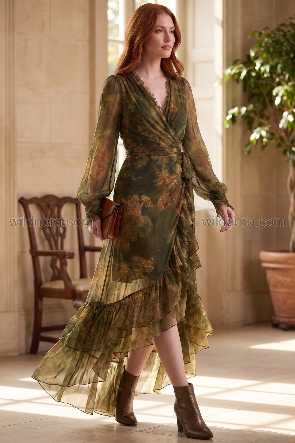 Olive Green Sheer Chiffon Wrap Dress with Asymmetrical Ruffled Hem olive green, forest green sheer chiffon dress - product view 6
