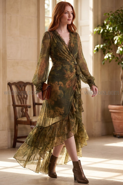 Olive Green Sheer Chiffon Wrap Dress with Asymmetrical Ruffled Hem olive green, forest green sheer chiffon dress - product view 6