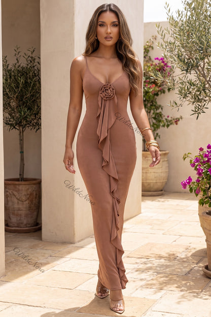 Bronze Brown Stretch Jersey Bodycon Maxi Dress with Front Rosette and Ruffle Detail bronze brown stretch jersey maxi dress - product view 8