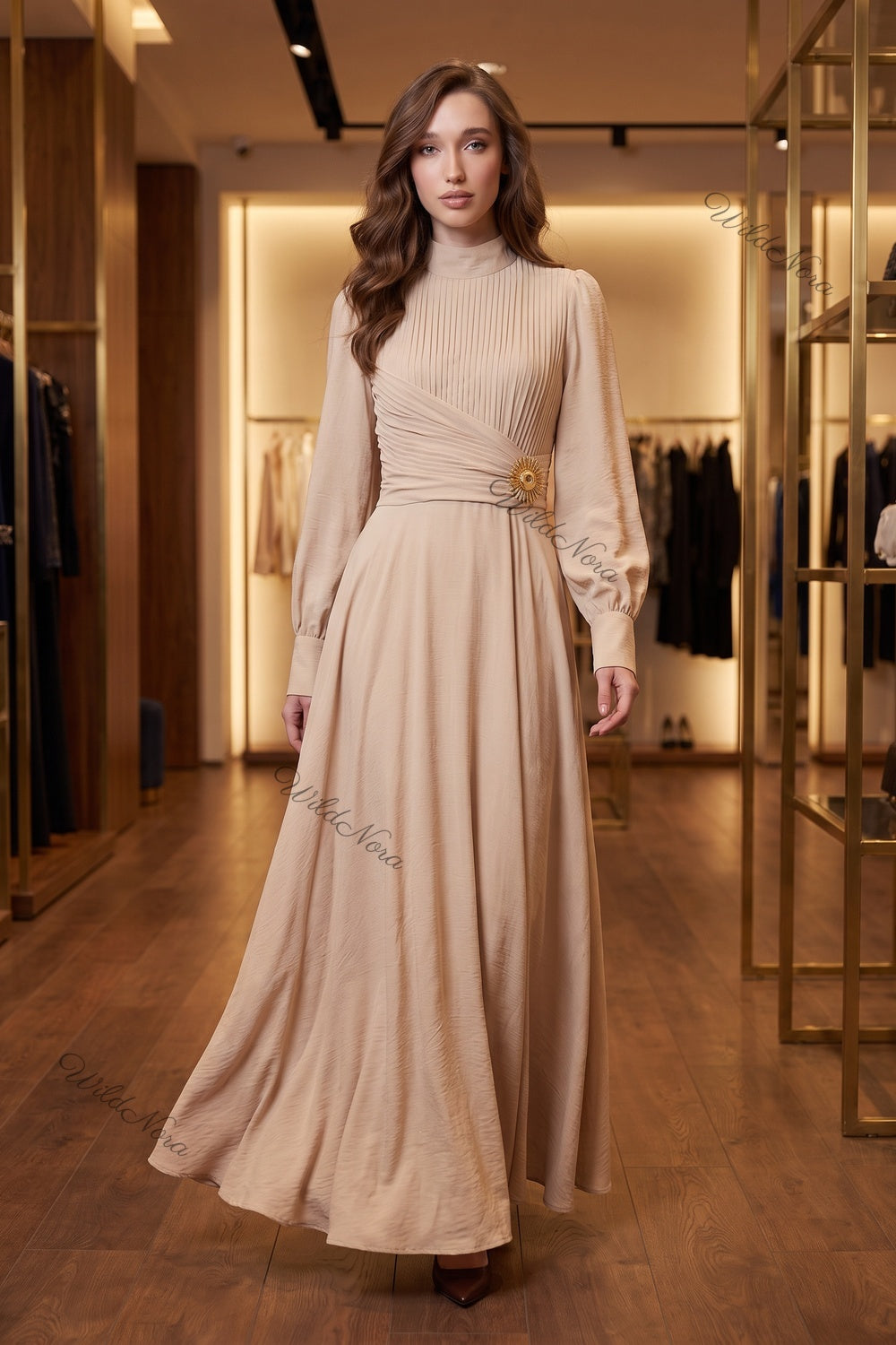 Beige Textured Linen-Blend A-Line Maxi Dress with Gold Brooch beige textured linen-blend maxi dress - product view 8