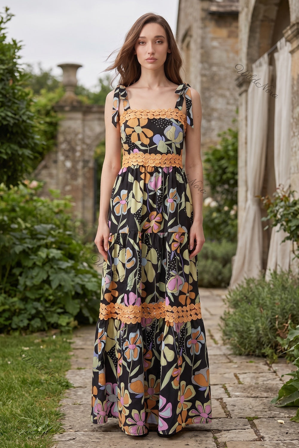 Black Abstract Floral Tiered A-Line Maxi Dress black woven cotton blend maxi dress - product view 8