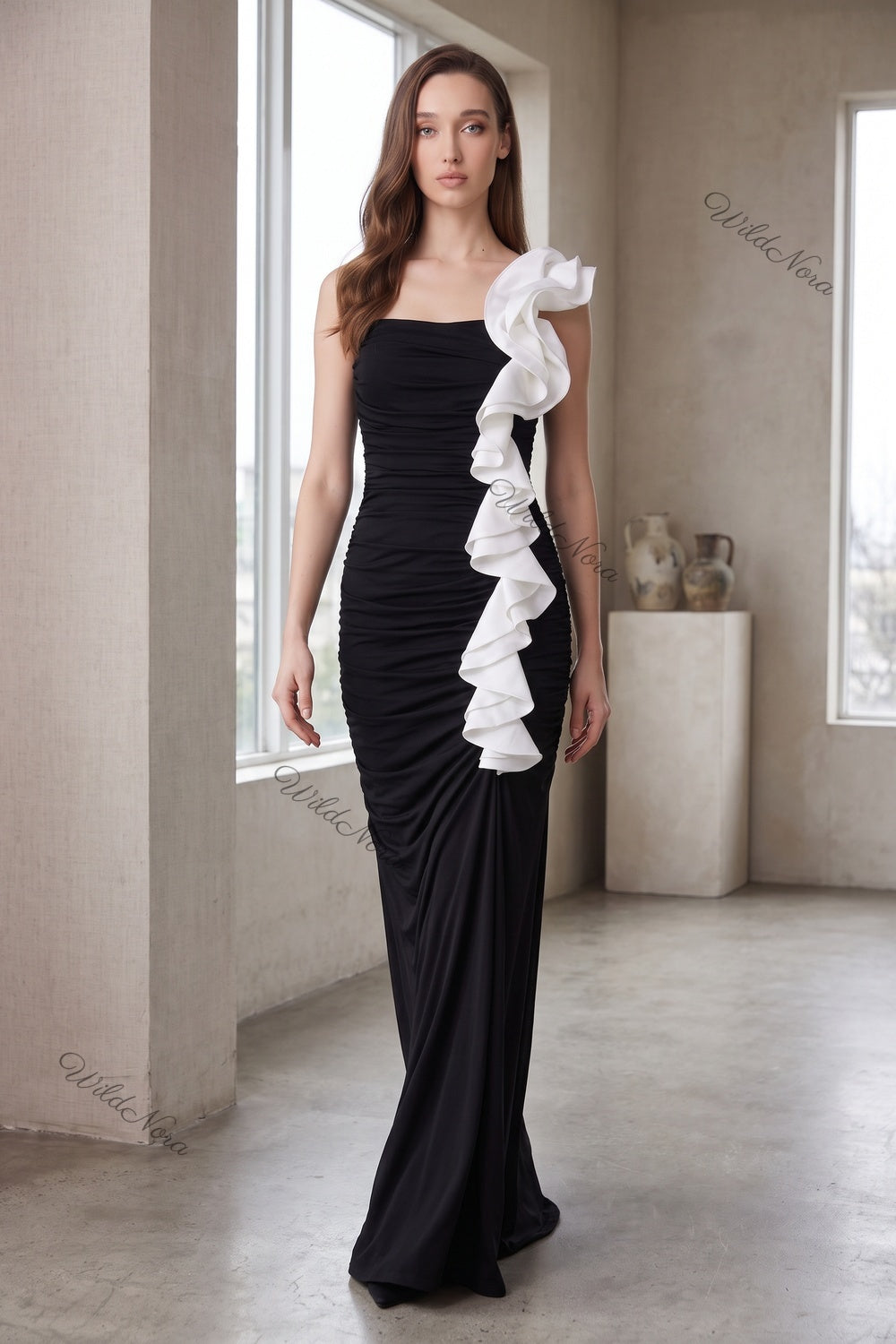 Black Synthetic Stretch Jersey Column Evening Gown with White Ruffle Trim black synthetic stretch jersey evening gown - product view 8