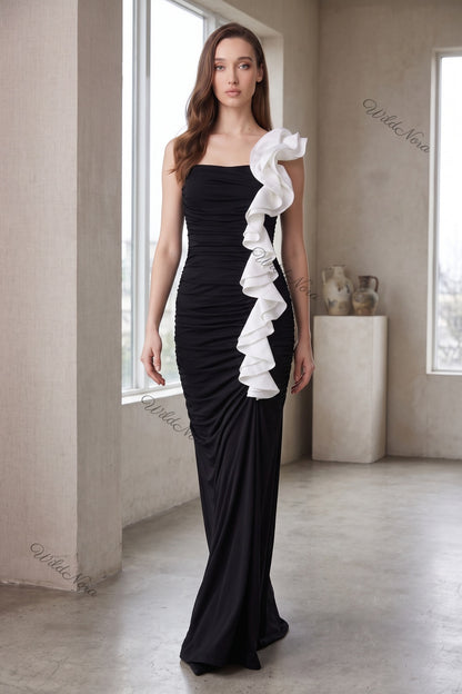 Black Synthetic Stretch Jersey Column Evening Gown with White Ruffle Trim black synthetic stretch jersey evening gown - product view 8