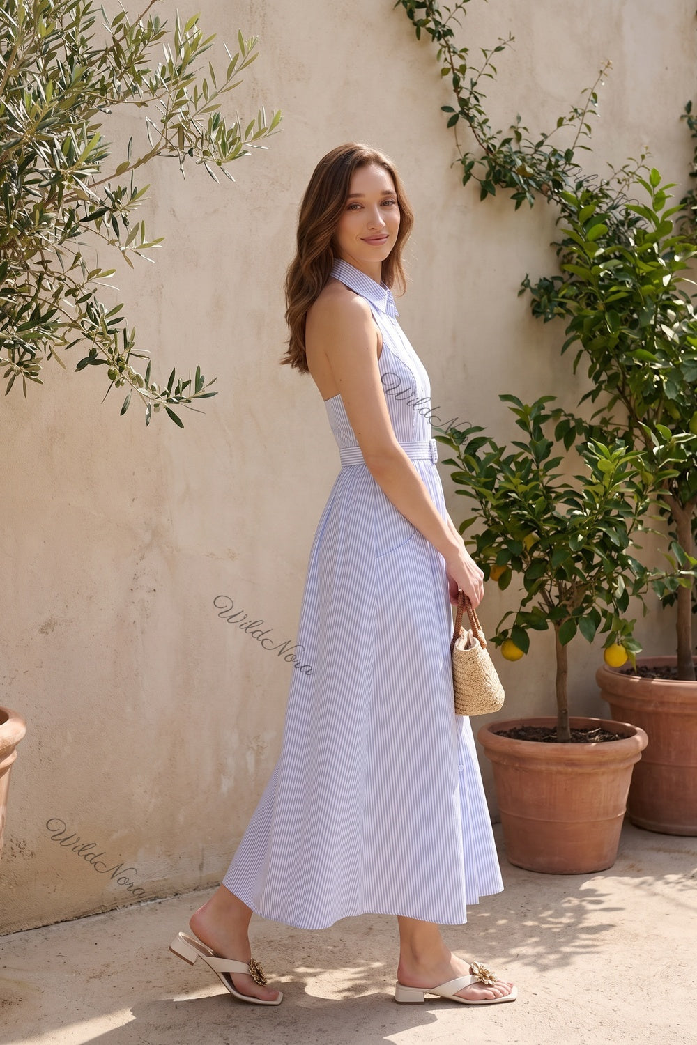 Light Blue Pinstripe Halter Midi Dress light blue cotton-blend poplin dress - product view 8