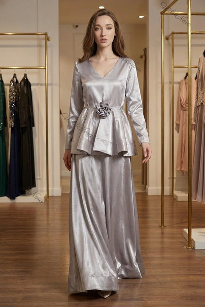 Silver Satin Peplum Top with Flared Maxi Skirt Two-Piece Set silver satin two-piece set - product view 8