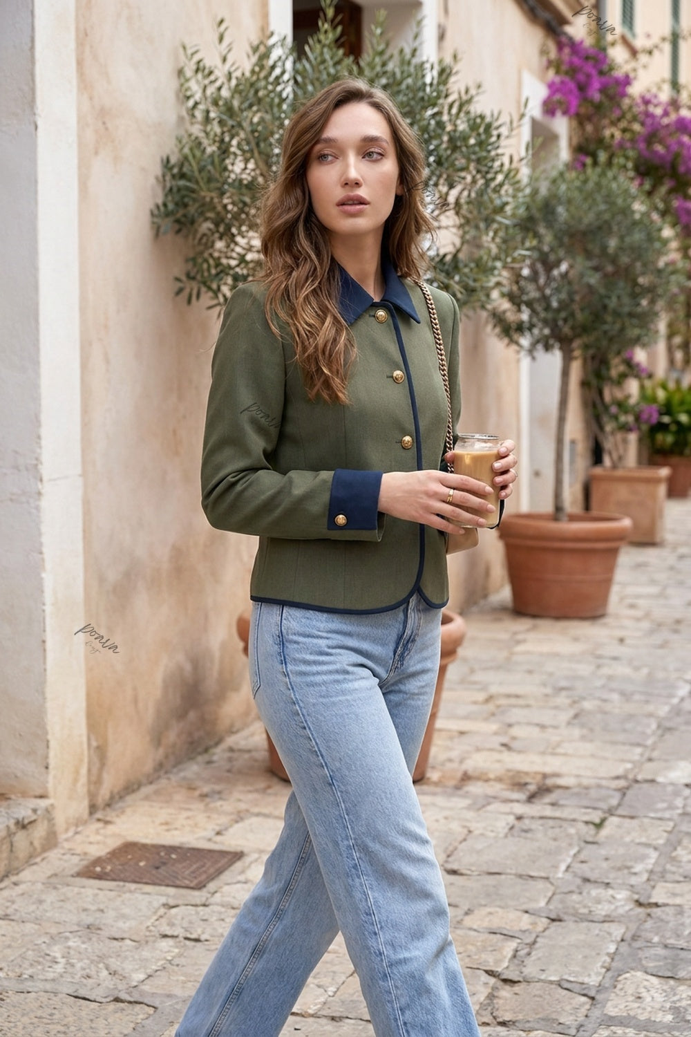 Olive Green Structured Boxy Cropped Jacket with Navy Contrast Trim olive green woven suiting fabric cropped jacket - product view 8