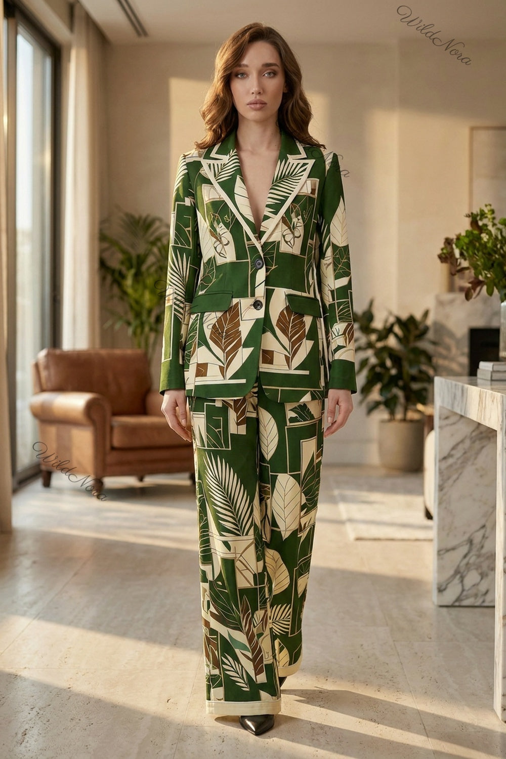 Dark Green Tropical Geometric Two-Piece Pant Suit dark green Woven synthetic crepe Two-piece pant suit - product view 8