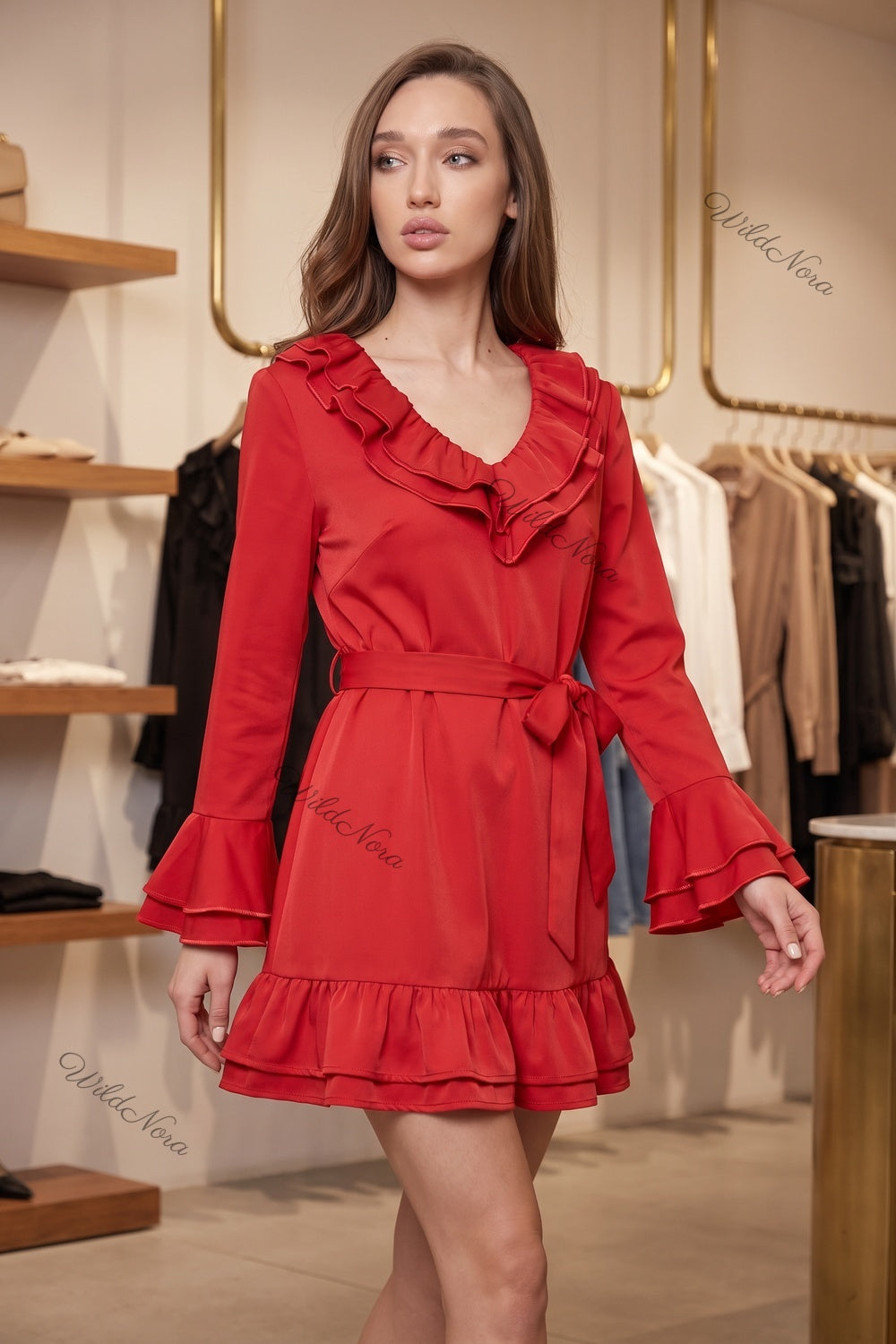 Red Double-Ruffle Fit-and-Flare Mini Dress red smooth woven polyester blend dress - product view 8