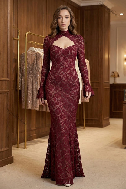 Burgundy Floral Lace Mermaid Gown burgundy floral lace gown - product view 8