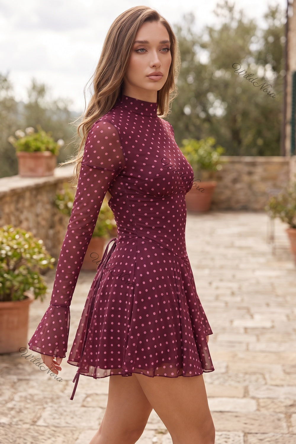 Burgundy Polka Dot Chiffon Fit-and-Flare Mini Dress burgundy sheer chiffon dress - product view 8