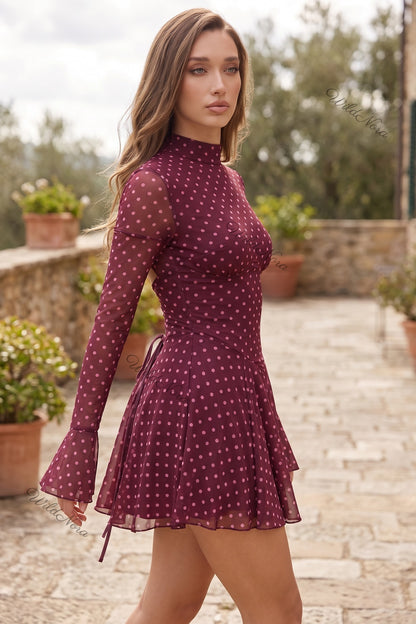Burgundy Polka Dot Chiffon Fit-and-Flare Mini Dress burgundy sheer chiffon dress - product view 8
