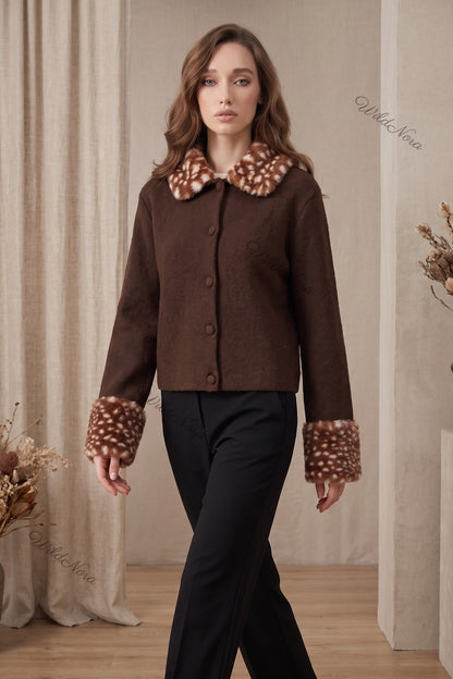 Dark Brown Box Knit Cardigan with Fawn-Spotted Faux Fur Trim dark brown fine knit cardigan - product view 8