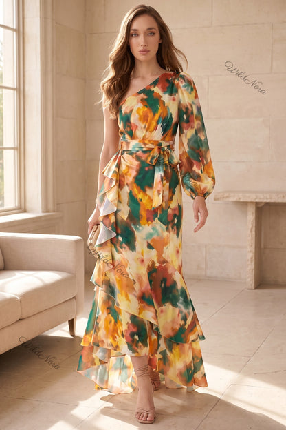 Orange Chiffon One-Shoulder Mermaid Dress with Asymmetrical Ruffles and Watercolor Print orange, green, yellow, cream chiffon dress - product view 8